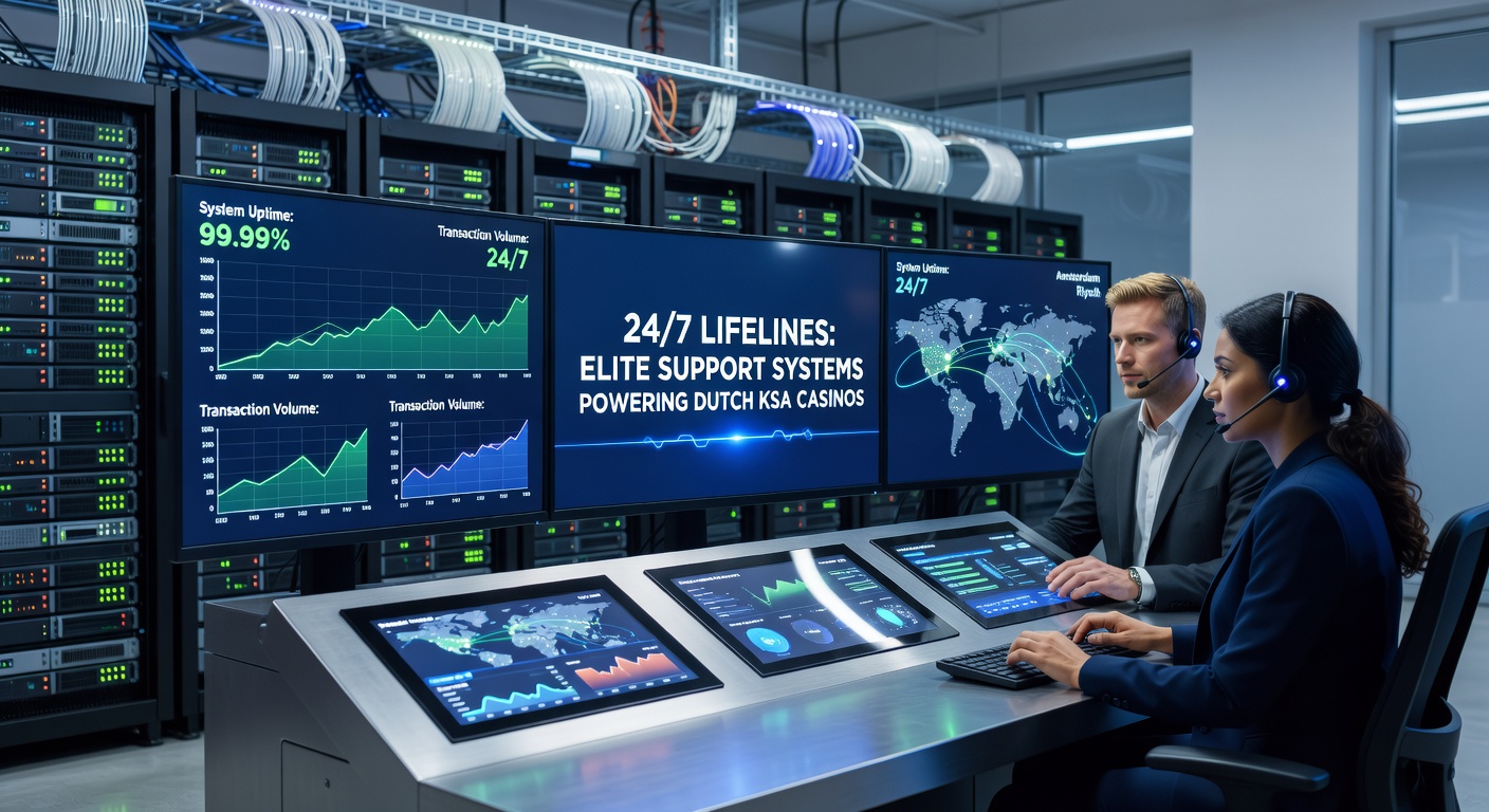 Grafische weergave van een 24/7 support dashboard met live chat, telefoon en e-mail iconen in een Nederlands casino-omgeving