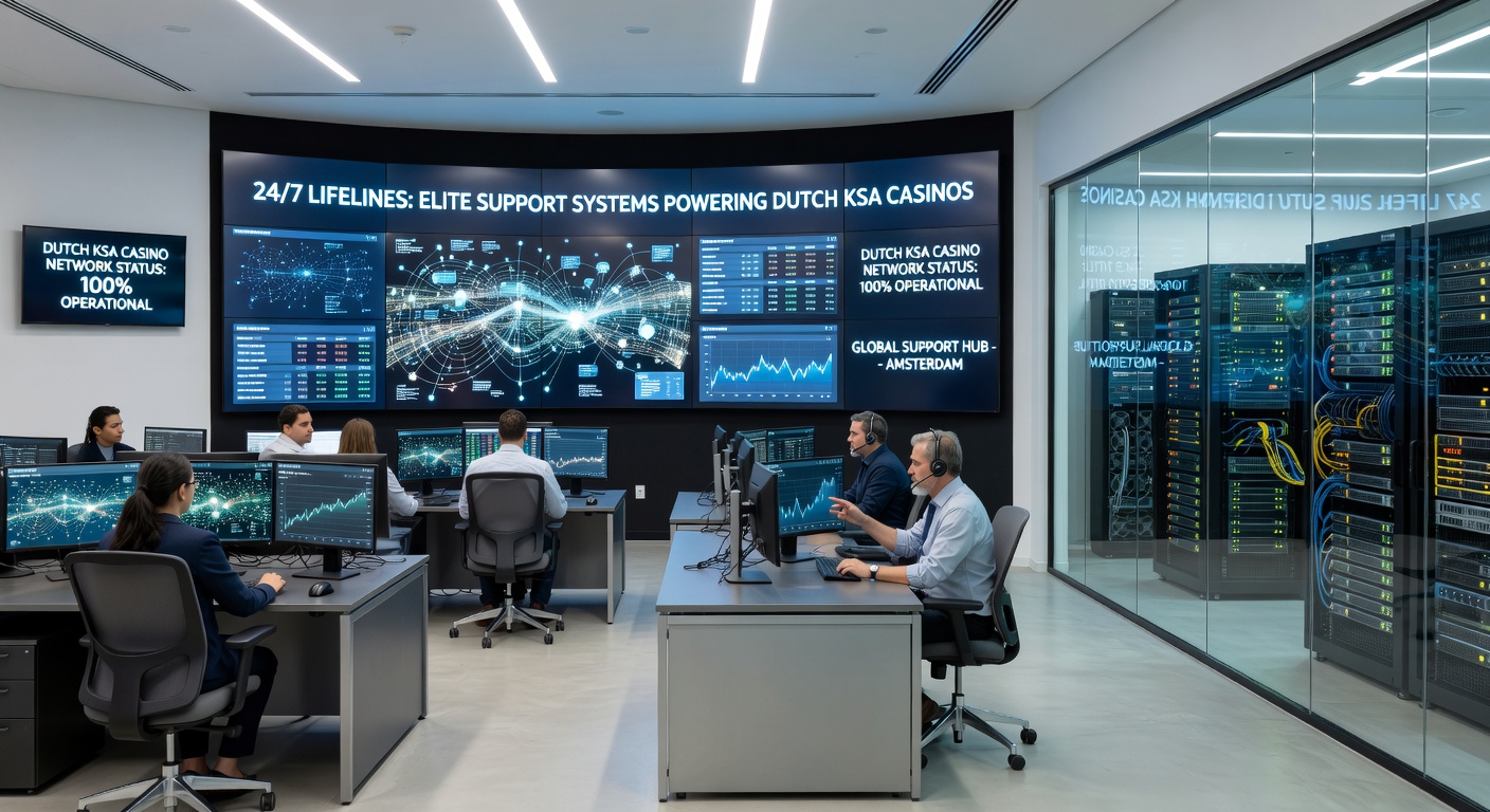 Afbeelding van een supportteam in actie met meerdere schermen, headsets en casino-interfaces in een 24/7 control room