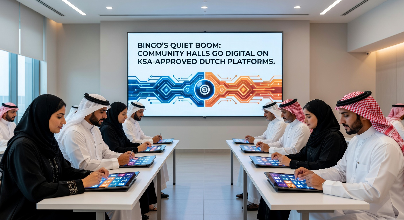 Een bruisende digitale bingohal met spelers achter laptops en smartphones, verbonden met traditionele community halls in Nederland