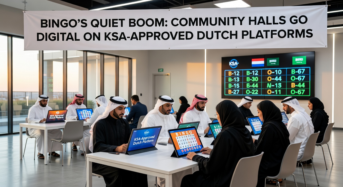 Spelers in een Nederlands buurthuis kijken naar een groot scherm met een live online bingo-sessie, smartphones in de hand voor interactie