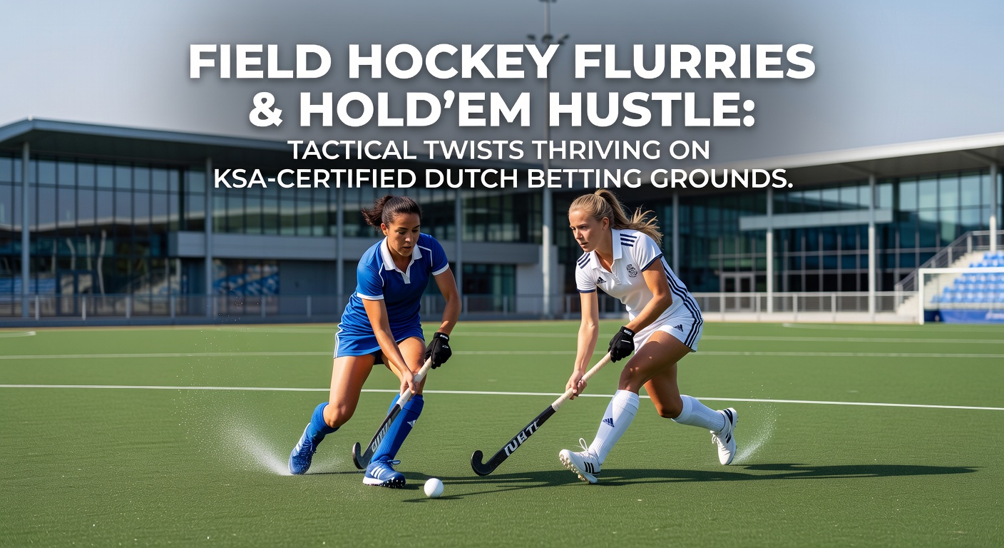 Dynamische scène van velddhockeyspelers in actie tijdens een intense flurry, gecombineerd met pokerkaarten op een digitaal wedplatform