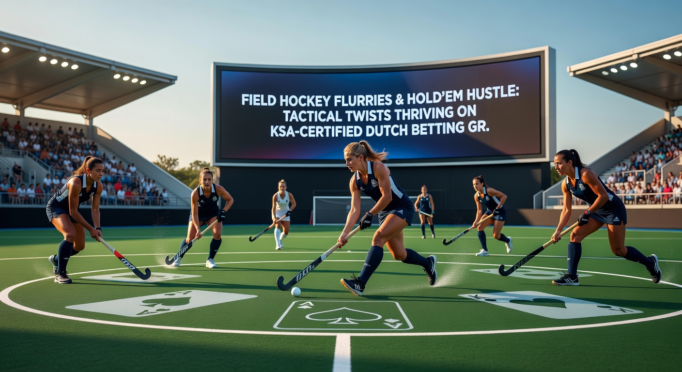 Poker spelers aan een tafel met velddhockey highlights op een achtergrondscherm, illustrerend hybride tactieken op een Nederlands wedplatform