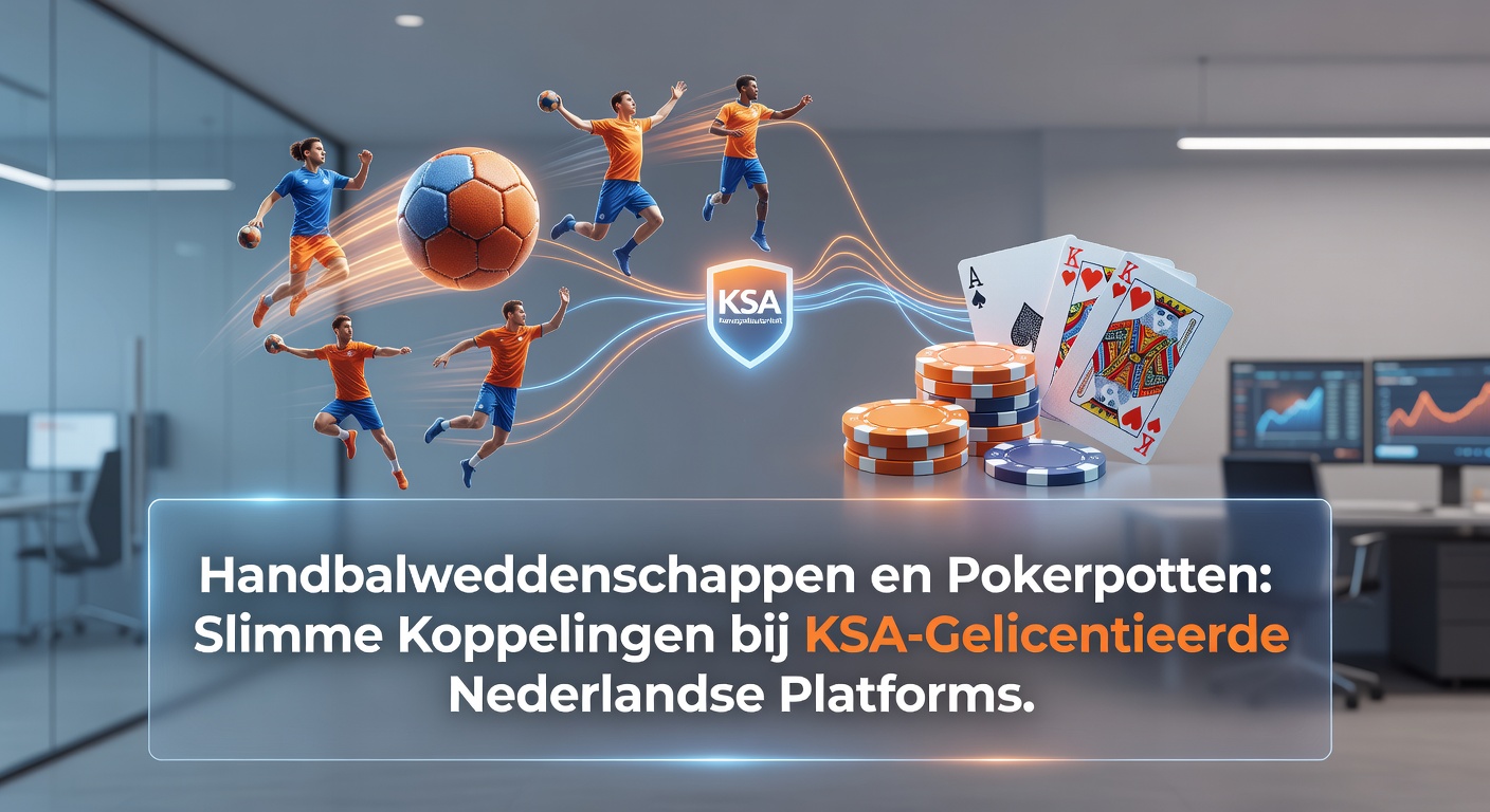 Handbalspelers in actie tijdens een spannende wedstrijd, met overlay van pokerkaarten en weddenschapsodds op een digitaal platform