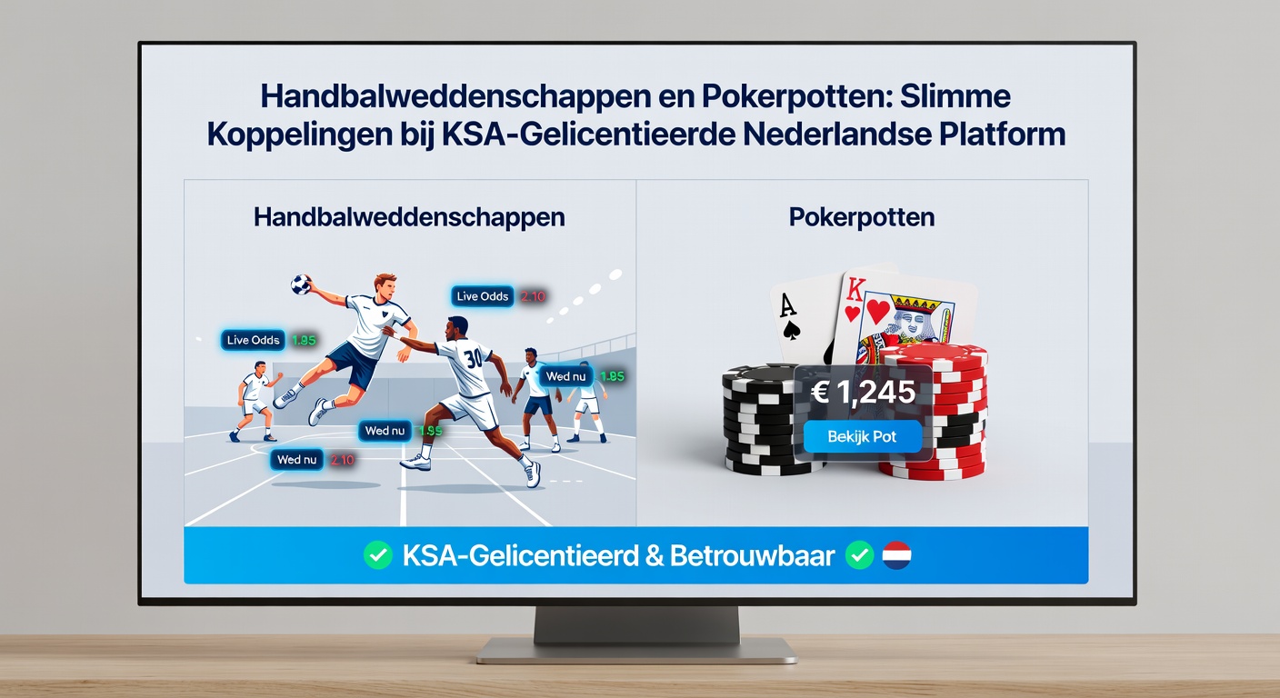 Poker tafel met een groeiende pot kaarten en fiches, naast een handbalveld met weddenschapsinterface op een Nederlands online casino platform
