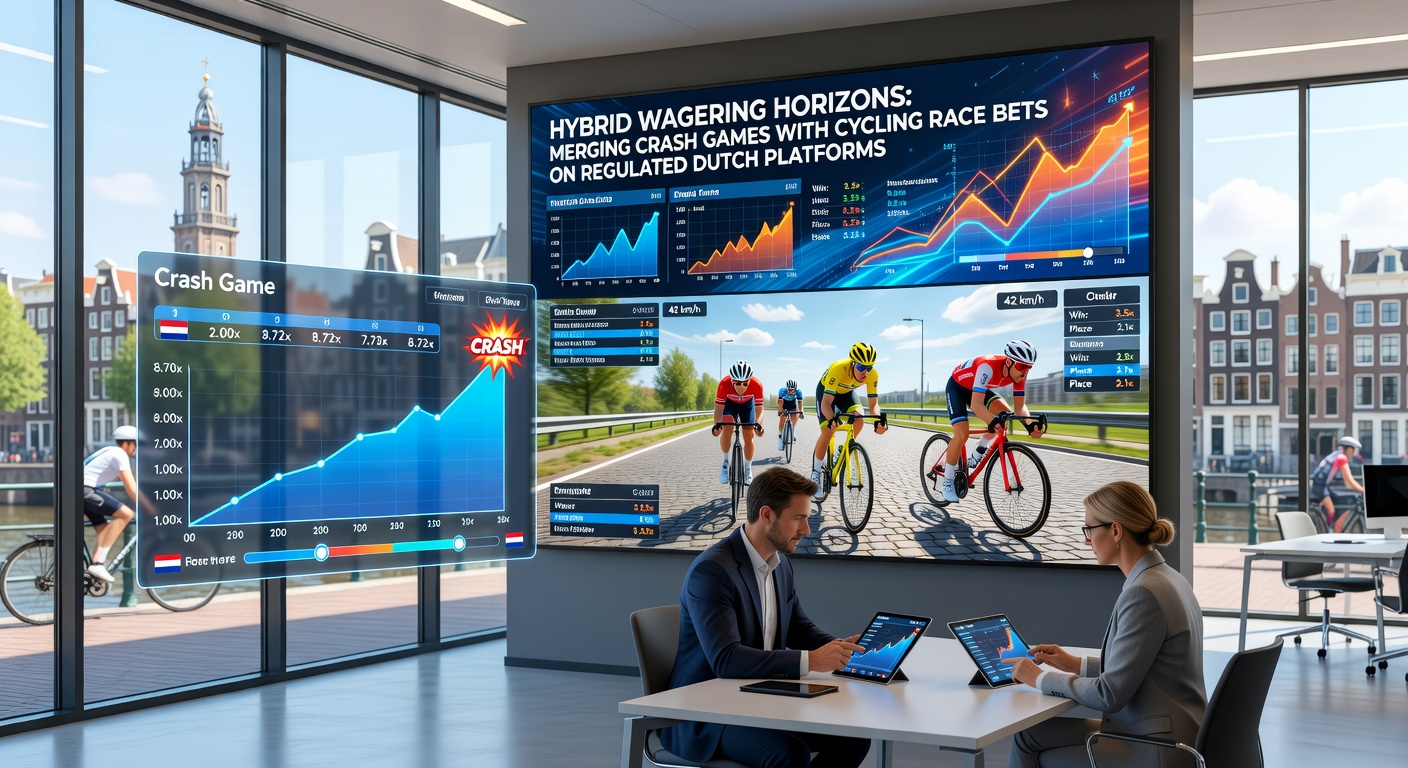 Schermafbeelding van een hybride wedplatform met crash game multiplier en live wielerkoers, typisch voor Nederlandse gereguleerde sites