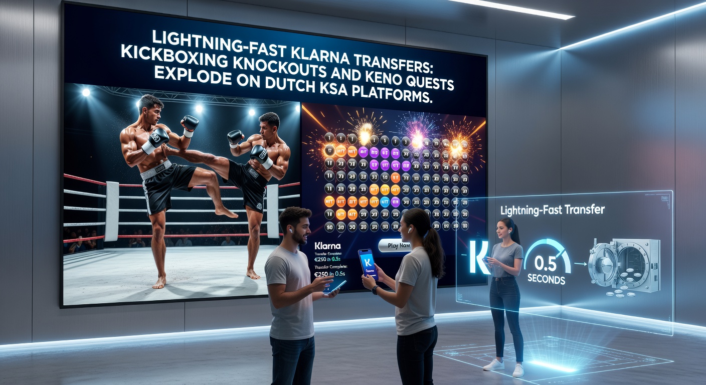 Actievolle kickbokspartij op een digitaal scherm naast een Klarna-betaalinterface en keno-trekkingresultaten