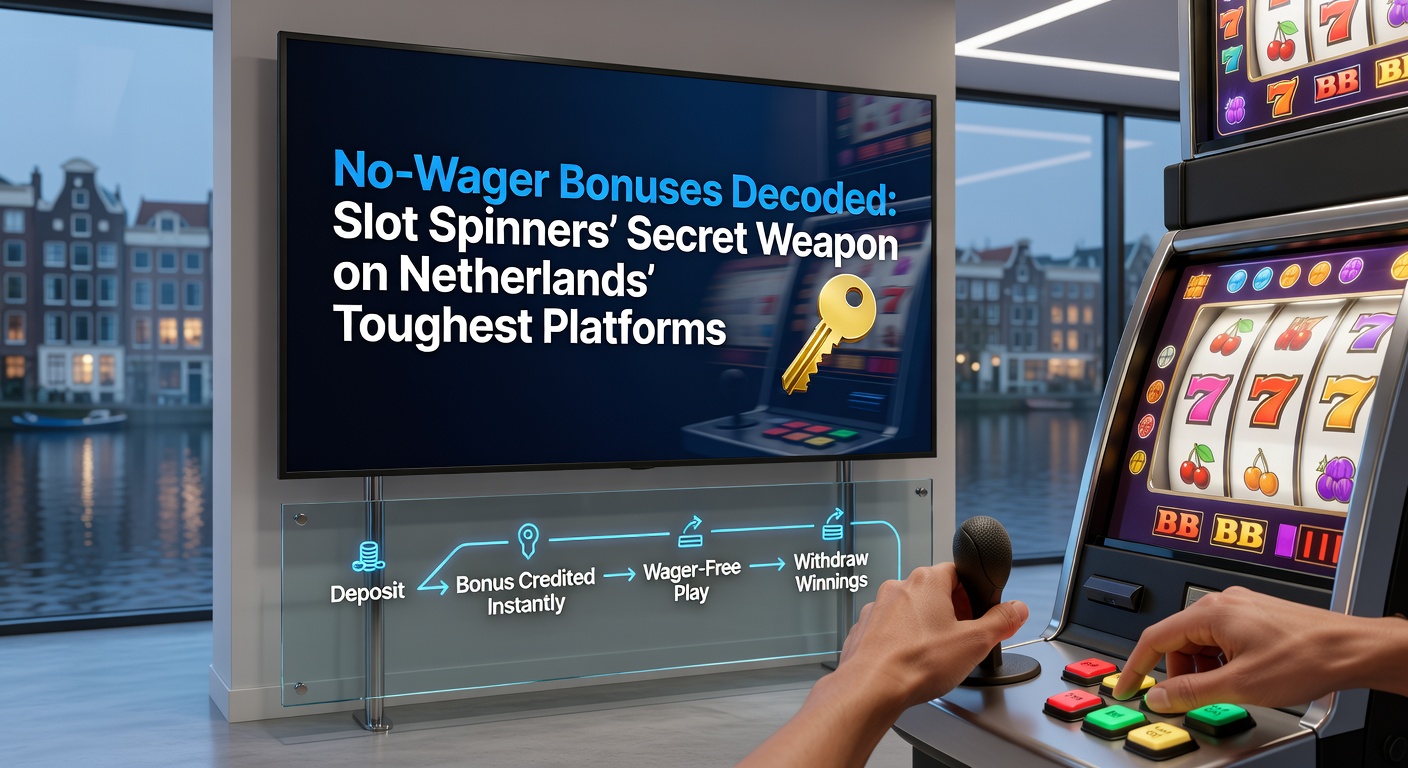 Promotiebeeld van een no-wager bonus op een Nederlands online casino platform met slotmachines en winsten zonder inzetvereisten
