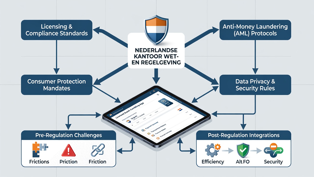 Diagram van transactieprocessen en compliance-controles bij gelicentieerde Nederlandse gokplatforms