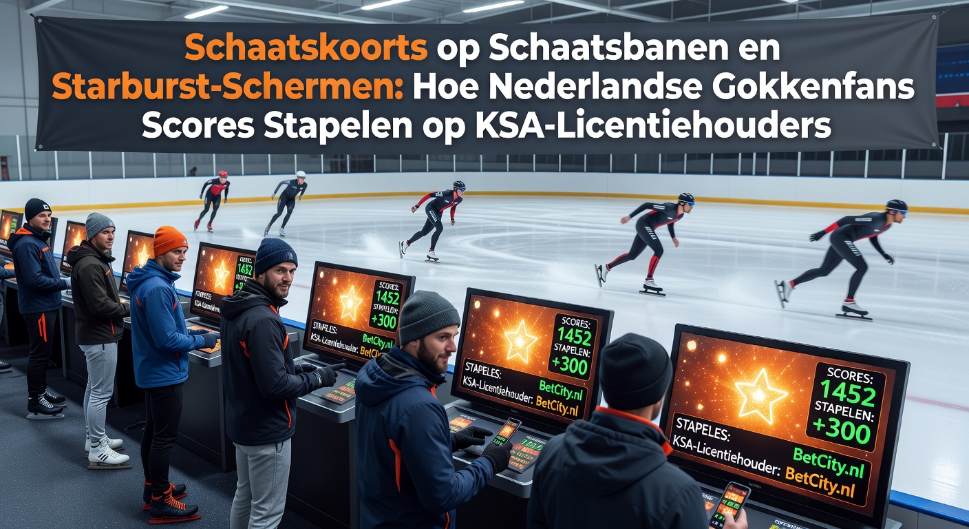 Schaatsbaan vol toeschouwers met digitale gokschermen op de achtergrond, waar fans wedden op races en slots draaien