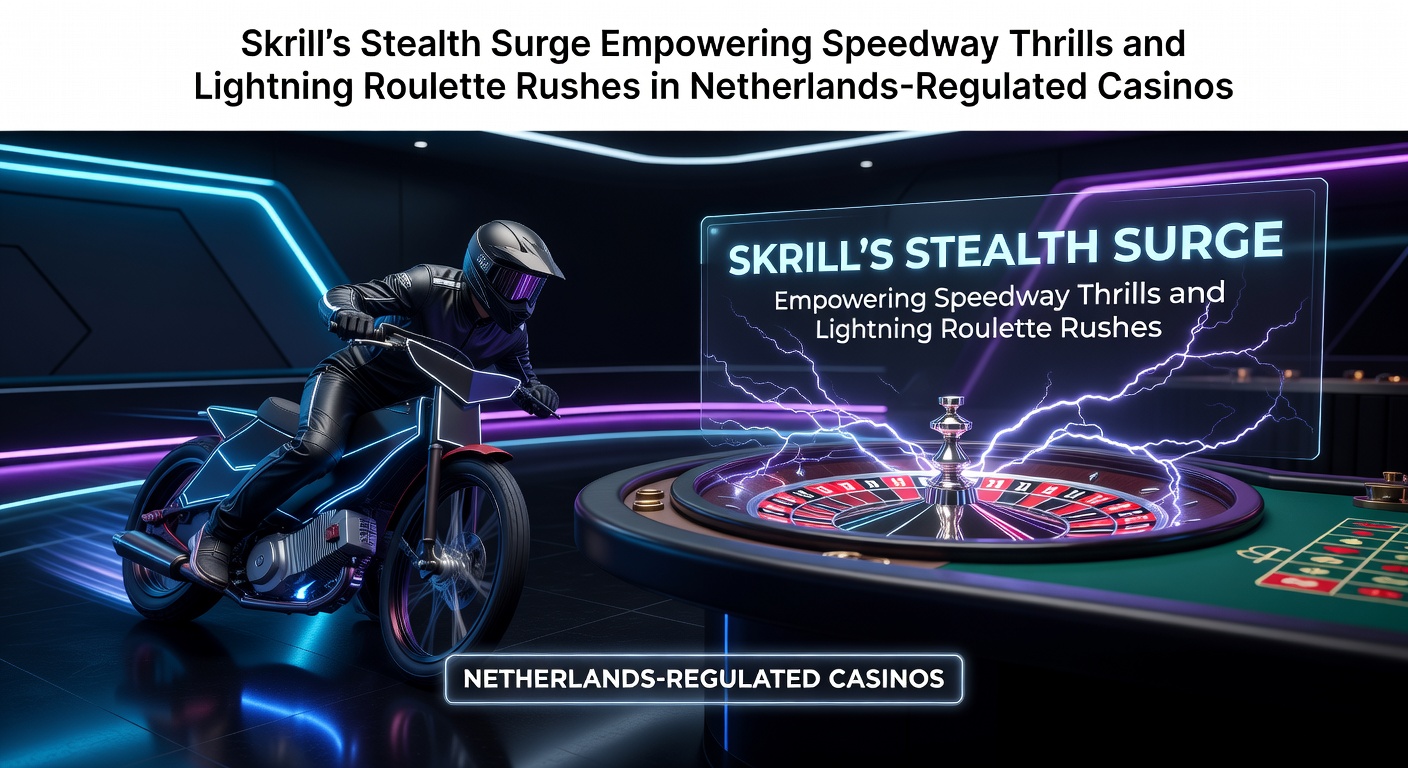 Skrill-logo met speedway-motoren en Lightning Roulette-tafel in een Nederlands casino-omgeving