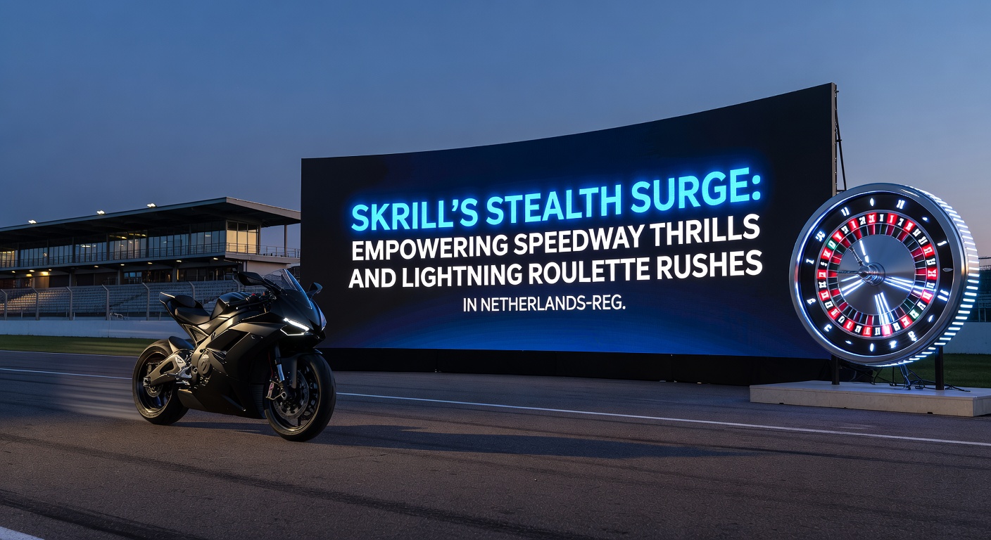 Lightning Roulette-wheel met lightning effects en Skrill-transactiescherm op een speedway-wedstrijdachtergrond