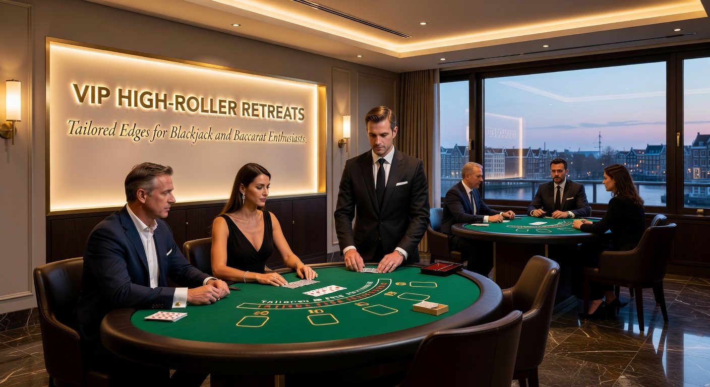 Luxe VIP high-roller retreat in een Nederlands casino met blackjack- en baccarat tafels, high-rollers in smoking bij exclusieve speeltafels