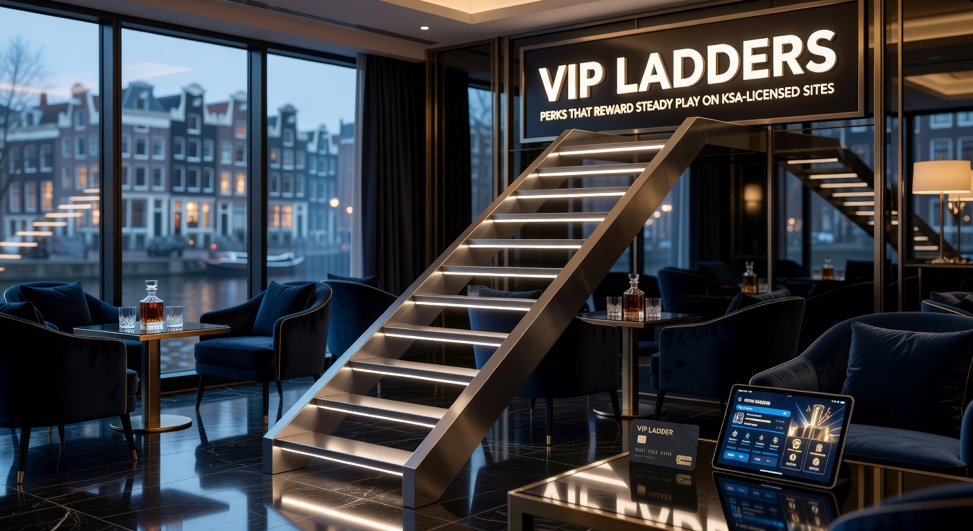 Speler klimt VIP-ladder in een Nederlands online casino met KSA-licentie, symboliserend beloningen voor consistent spel